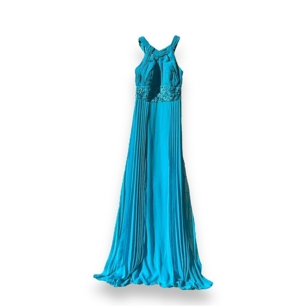 NEW Sue Wong Empire Waist Teal Blue Gown Pleated Satin Sheath Women 4